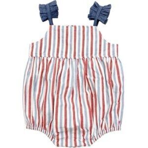 Pink Chicken Striped Baby Romper with Blue Bows